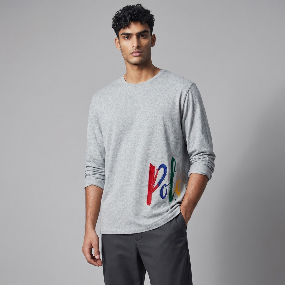 Polo Ralph Lauren Mens Gray Long Sleeve Rainbow Script Logo Graphic T-Shirt M